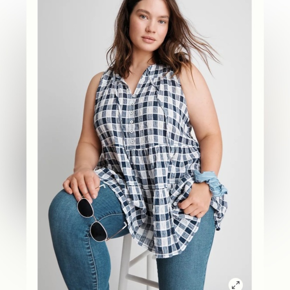 Pilcro and the Letterpress Anthropologie Tank Top Small Blue White Checkered Sle